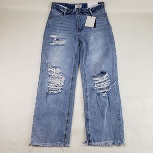 Insane Gene Flip Straight Jean Womens 5/26 Blue Distressed Raw Hem Denim Pant